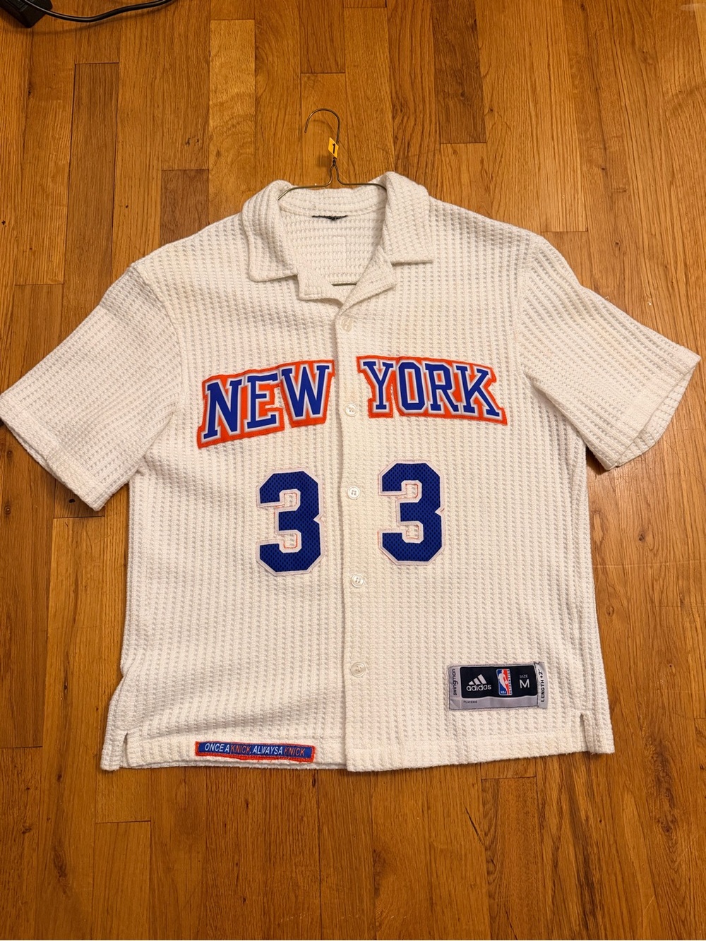 adidas White New York #33 Short-Sleeve Button Knit Shirt